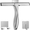 All-Purpose Stainless Steel Shower Squeegee with Silicone Blade and Adhesive Hooks for Bathroom Glass, Mirrors, and Windows