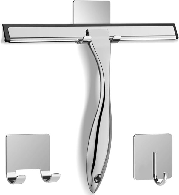 All-Purpose Stainless Steel Shower Squeegee with Silicone Blade and Adhesive Hooks for Bathroom Glass, Mirrors, and Windows