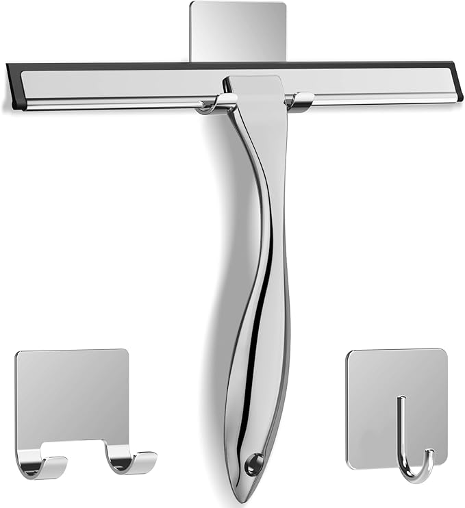 All-Purpose Stainless Steel Shower Squeegee with Silicone Blade and Adhesive Hooks for Bathroom Glass, Mirrors, and Windows