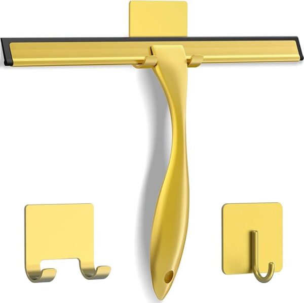 All-Purpose Stainless Steel Shower Squeegee with Silicone Blade and Adhesive Hooks for Bathroom Glass, Mirrors, and Windows