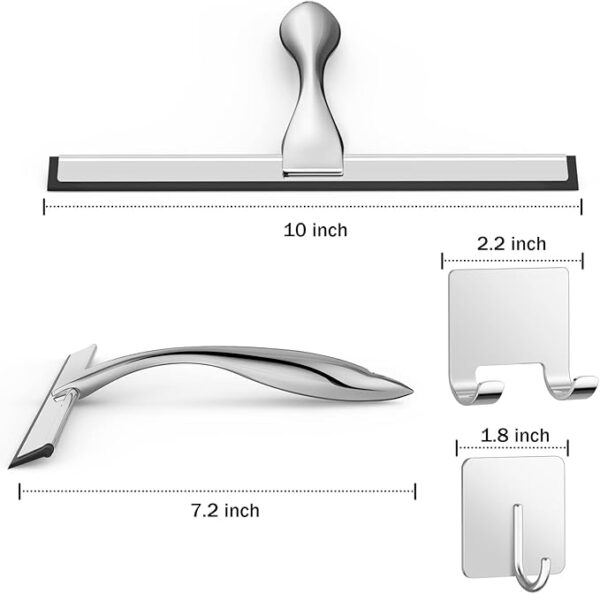 All-Purpose Stainless Steel Shower Squeegee with Silicone Blade and Adhesive Hooks for Bathroom Glass, Mirrors, and Windows