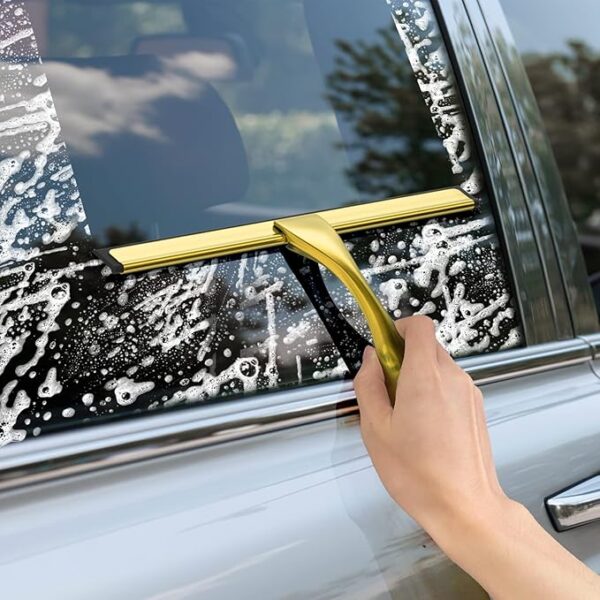 All-Purpose Stainless Steel Shower Squeegee with Silicone Blade and Adhesive Hooks for Bathroom Glass, Mirrors, and Windows
