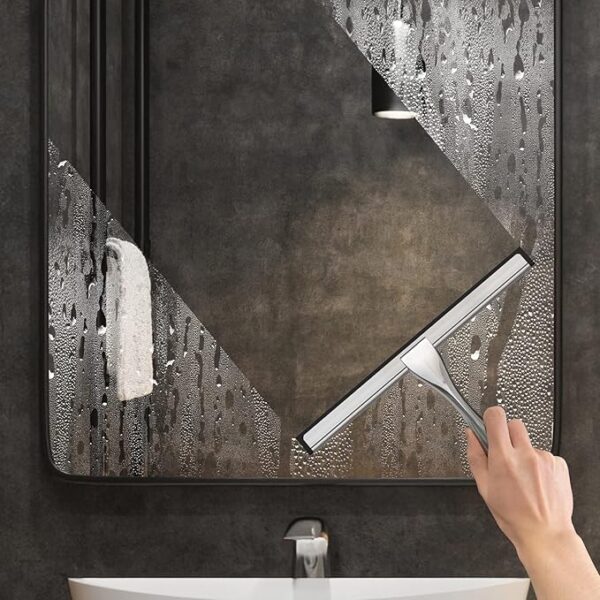 All-Purpose Stainless Steel Shower Squeegee with Silicone Blade and Adhesive Hooks for Bathroom Glass, Mirrors, and Windows