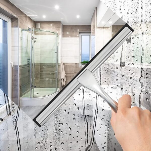 All-Purpose Stainless Steel Shower Squeegee with Silicone Blade and Adhesive Hooks for Bathroom Glass, Mirrors, and Windows