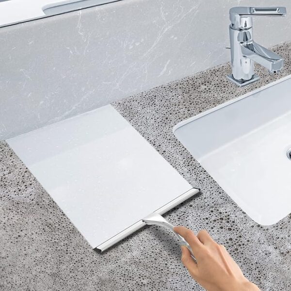 All-Purpose Stainless Steel Shower Squeegee with Silicone Blade and Adhesive Hooks for Bathroom Glass, Mirrors, and Windows